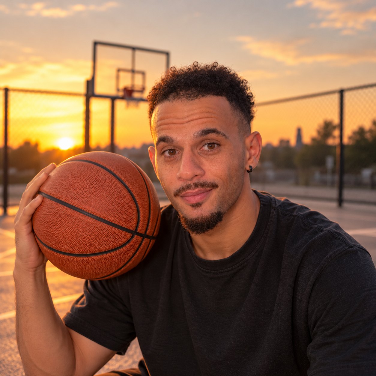 Jimy-Lloyd, ballon de basket à la main sur un terrain au coucher du soleil